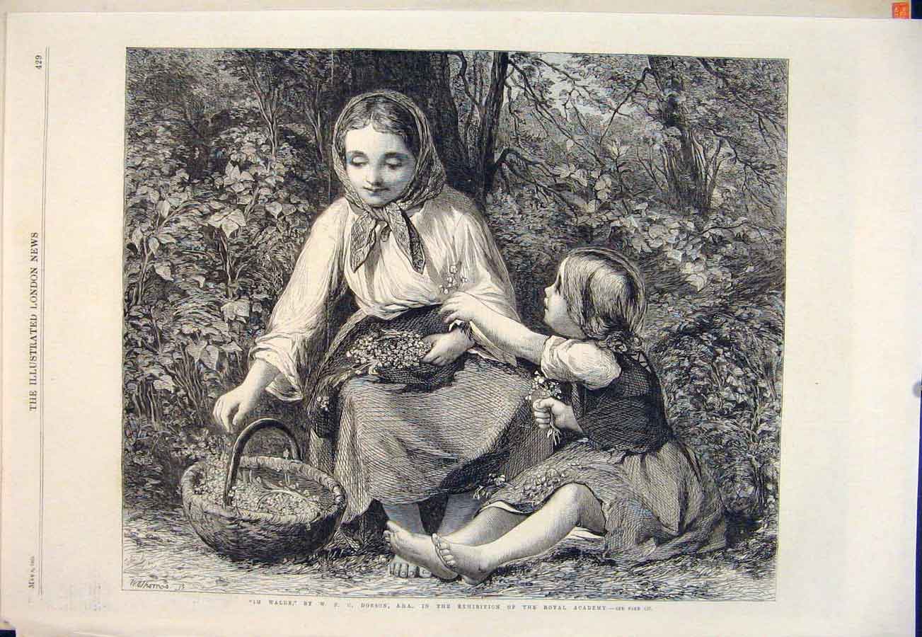 Old Antique Print Lady Child Forest Dobson Im Walde Flowers Fine Art 1865 19th