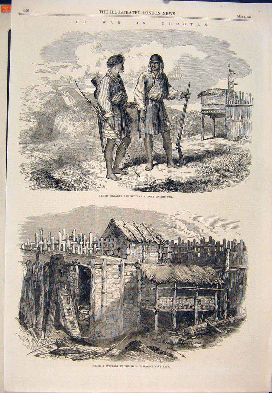 Original Old Antique Print War Bhootan Sier Villager Bala Pass Stockade 1865