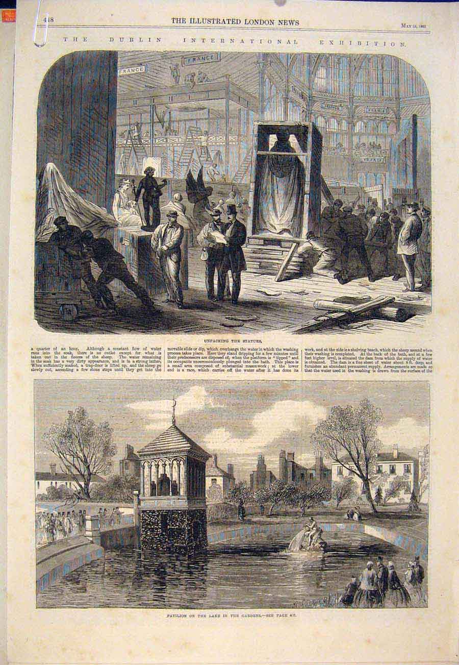 Old Antique Print Dublin Exhibition Statue Pavilion Lake Building Ireland
