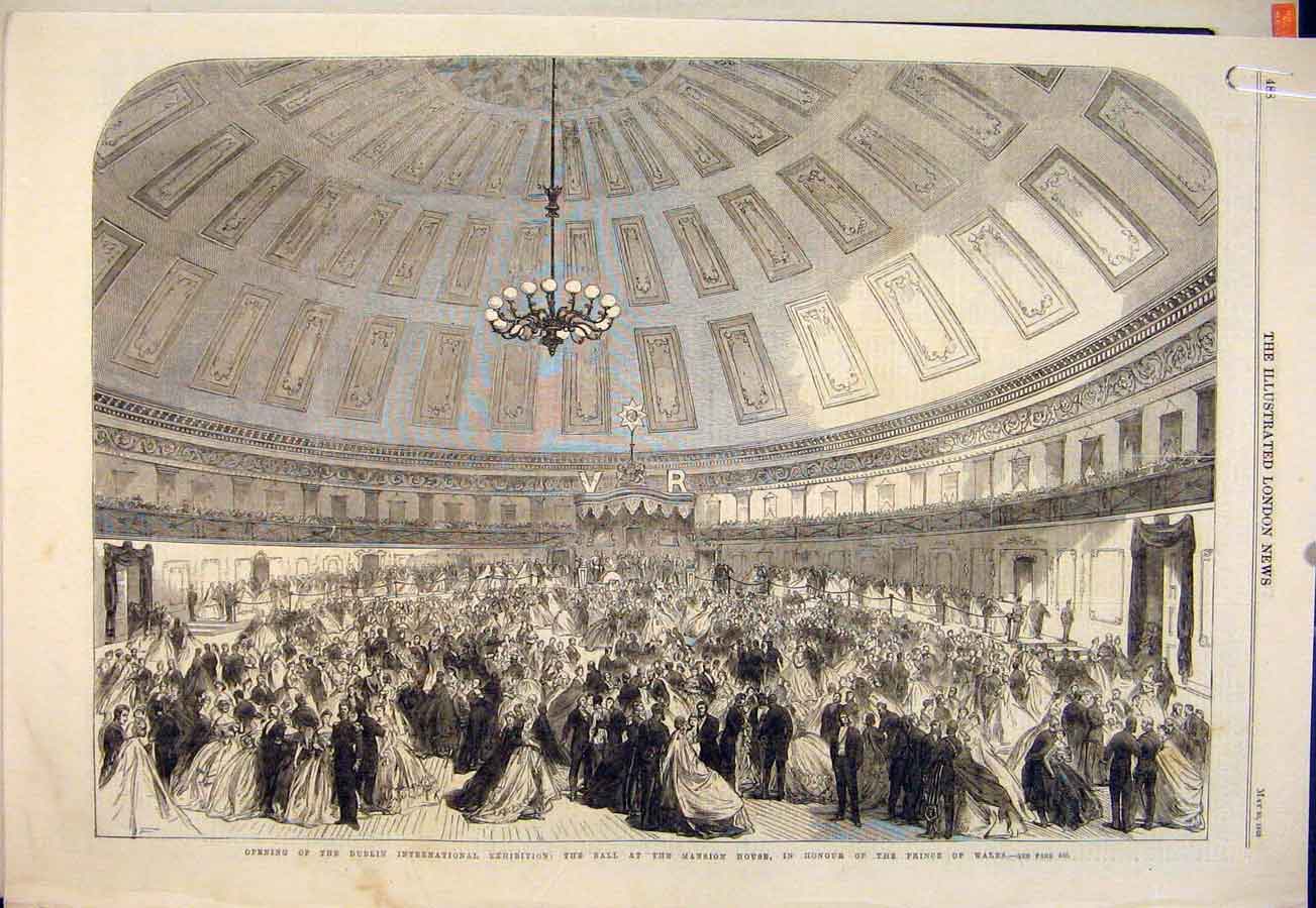 Original Old Antique Print Dublin Ireland Exhibition Ball Mansion Prince Wales