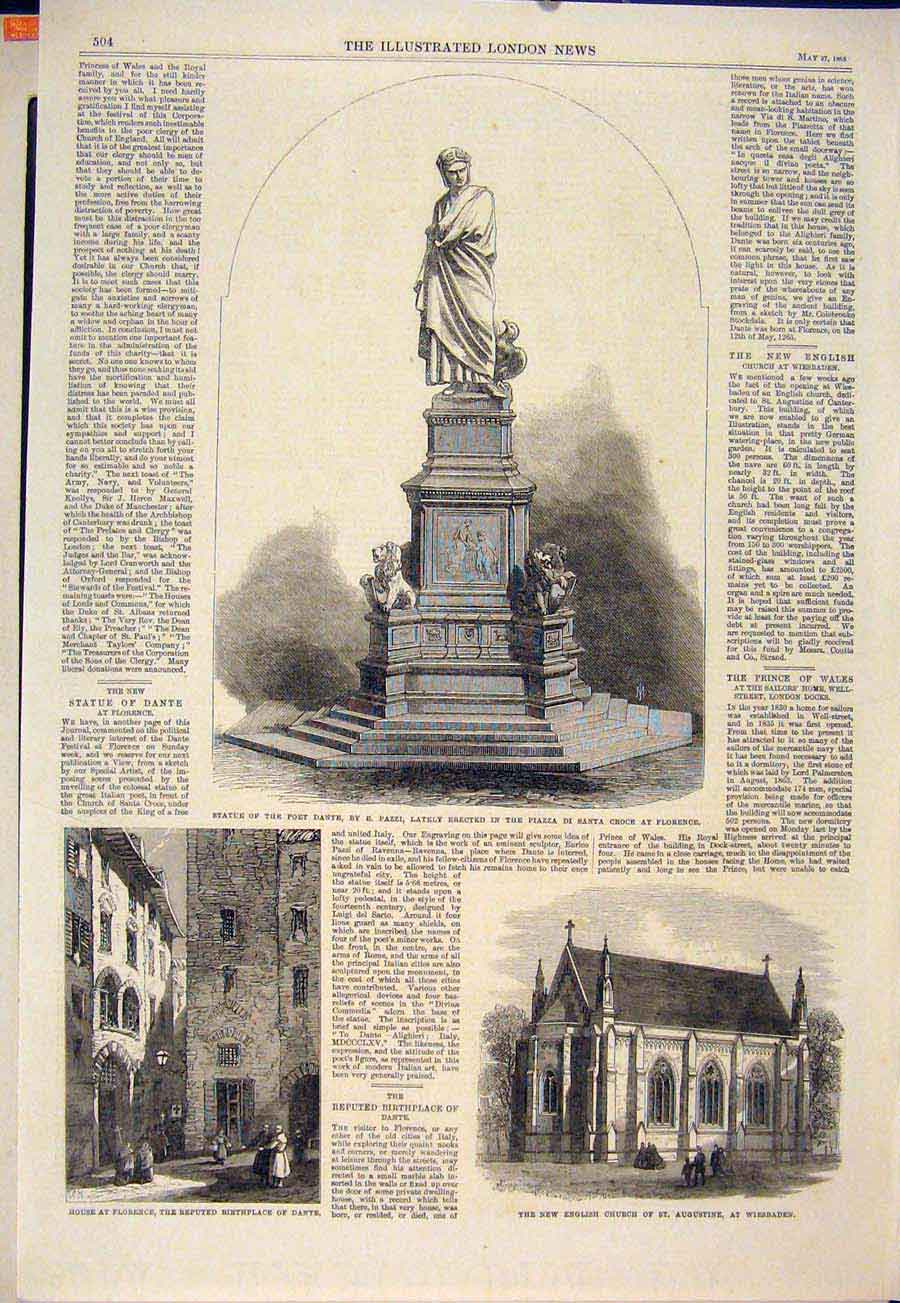 Original Old Antique Print Statue Poet Dante Pazzi Florence Wiesbaden 1865 19th