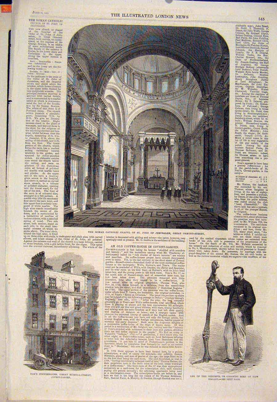 Original Old Antique Print Roman Catholic Chapel Ormond Covent Garden Bird 1865