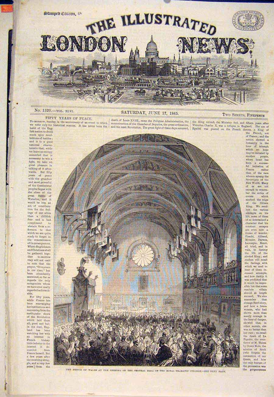 Original Old Antique Print Royal Dramatic College Hall Prince Wales 1865 19th