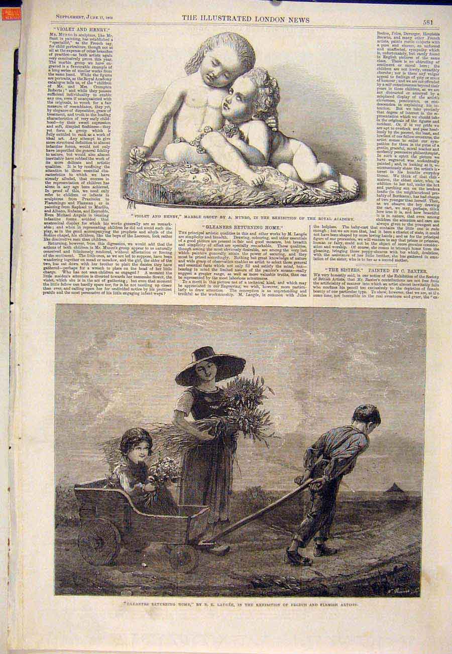 Old Antique Print Marble Group Statue Munro Gleaners Laugee Fine Art 1865 19th