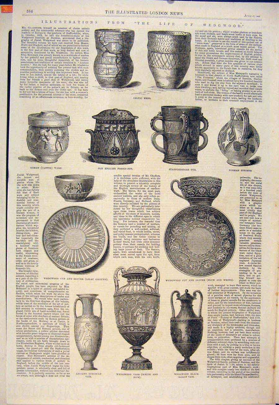 Original Old Antique Print Wedgwood Urns Cup Pottery Vase Burslem Saucer 1865