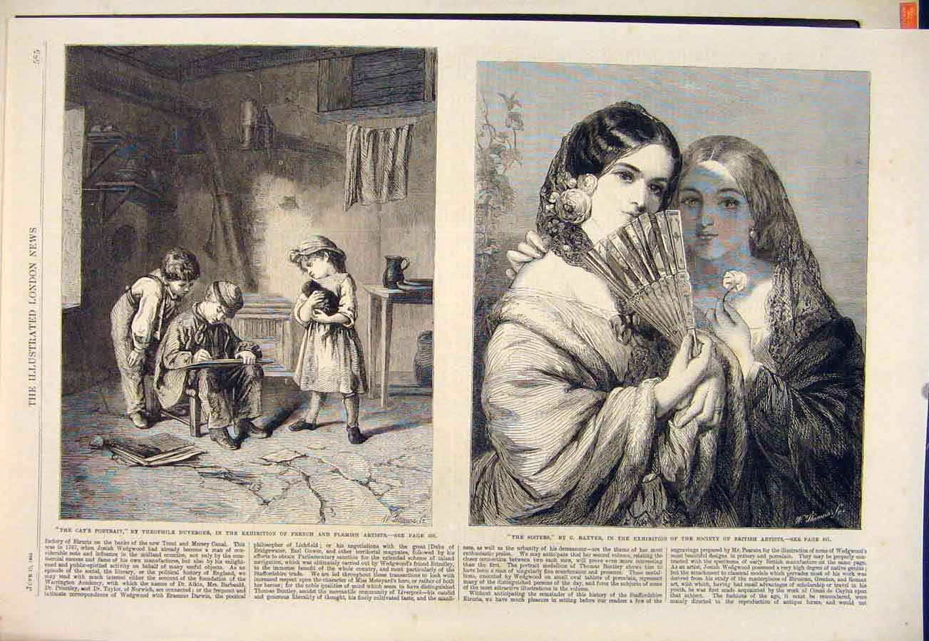 Original Old Antique Print Cat Portrait Duverger Children Sisters Baxter Ladies