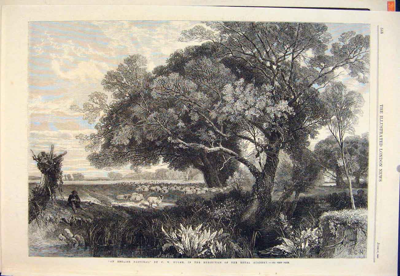Original Old Antique Print English Pastoral Hulme Sheep Farm Farmer Country 1865