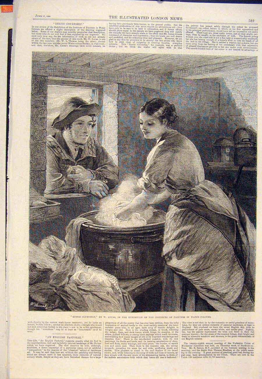 Original Old Antique Print Rustic Courtship Lucas Washing Washer Woman Man Lady