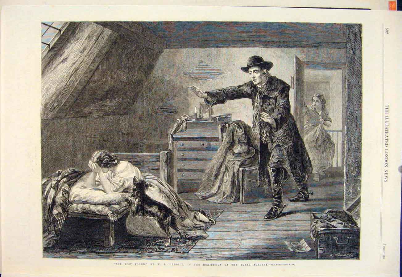 Original Old Antique Print Lost Found Herrick Lady Dog Man Attic Fine Art 1865