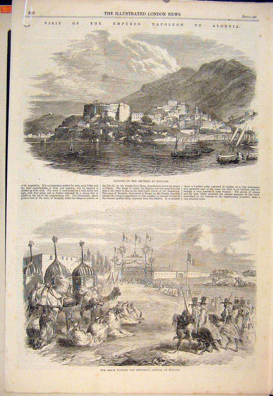 Original Old Antique Print Emperor Napoleon Algeria Bougar Biskara Arab Mosque
