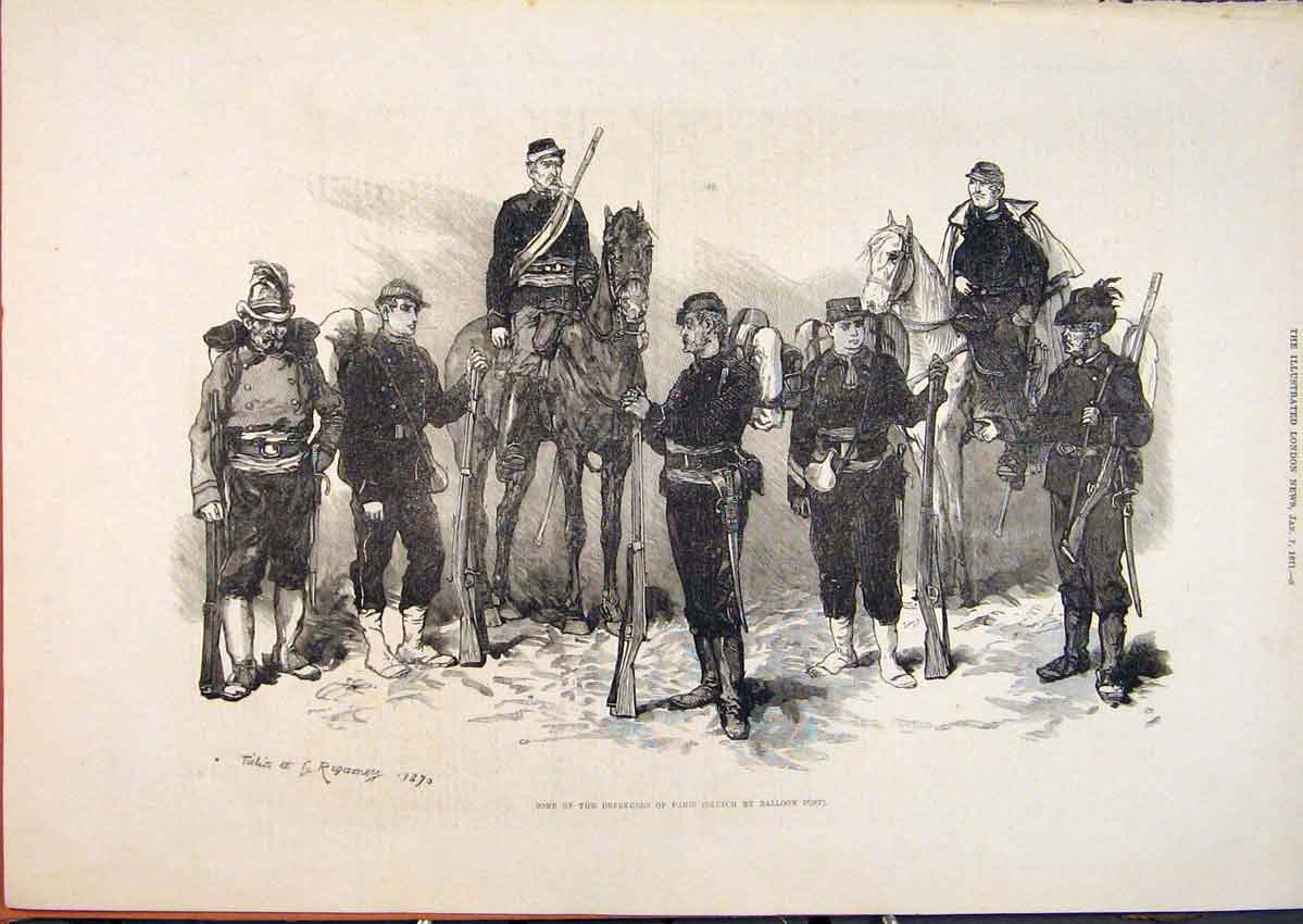 Original Old Antique Print Paris Defenders Troops Siers Balloon Post 1871 19th