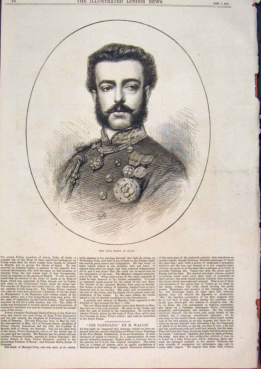 Original Old Antique Print Portrait King Elect Spain Spanish Prince Amadeus 1871