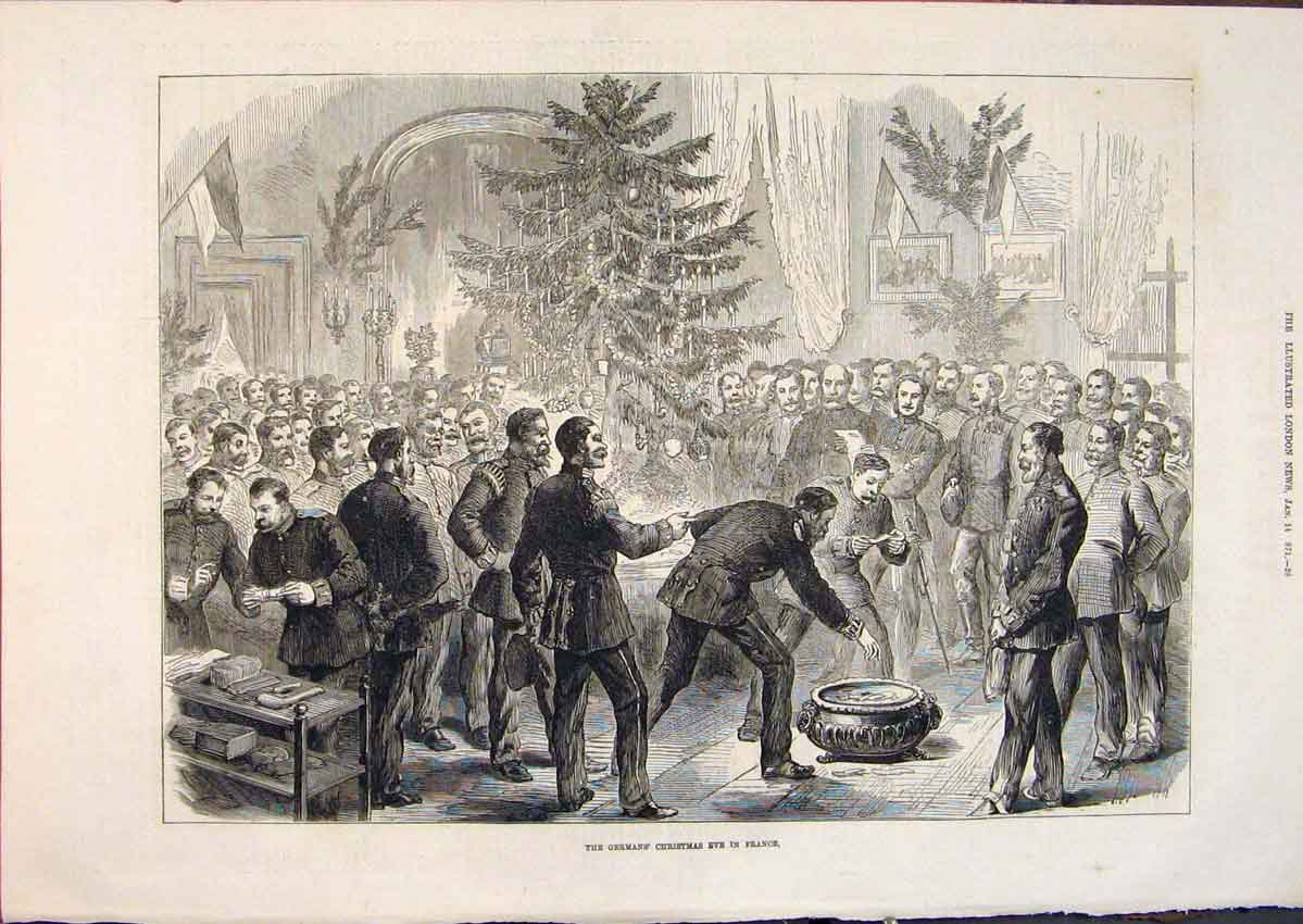Original Old Antique Print Germans Christmas France Tree Celebrations 1871 19th