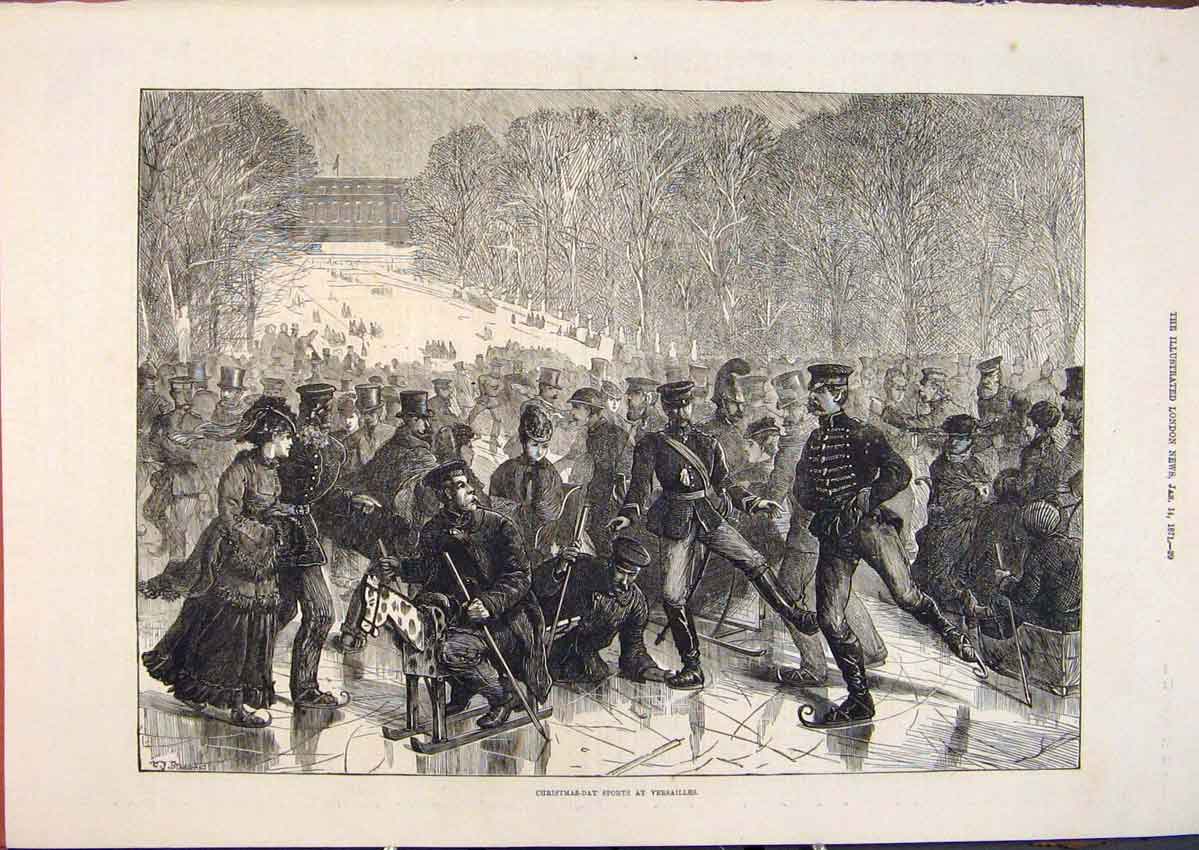 Original Old Antique Print Christmas Day Sports Versailles Paris France 1871