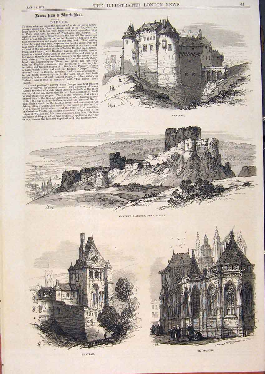 Original Old Antique Print Dipee France Sketches Chateau Castle D'Arques 1871
