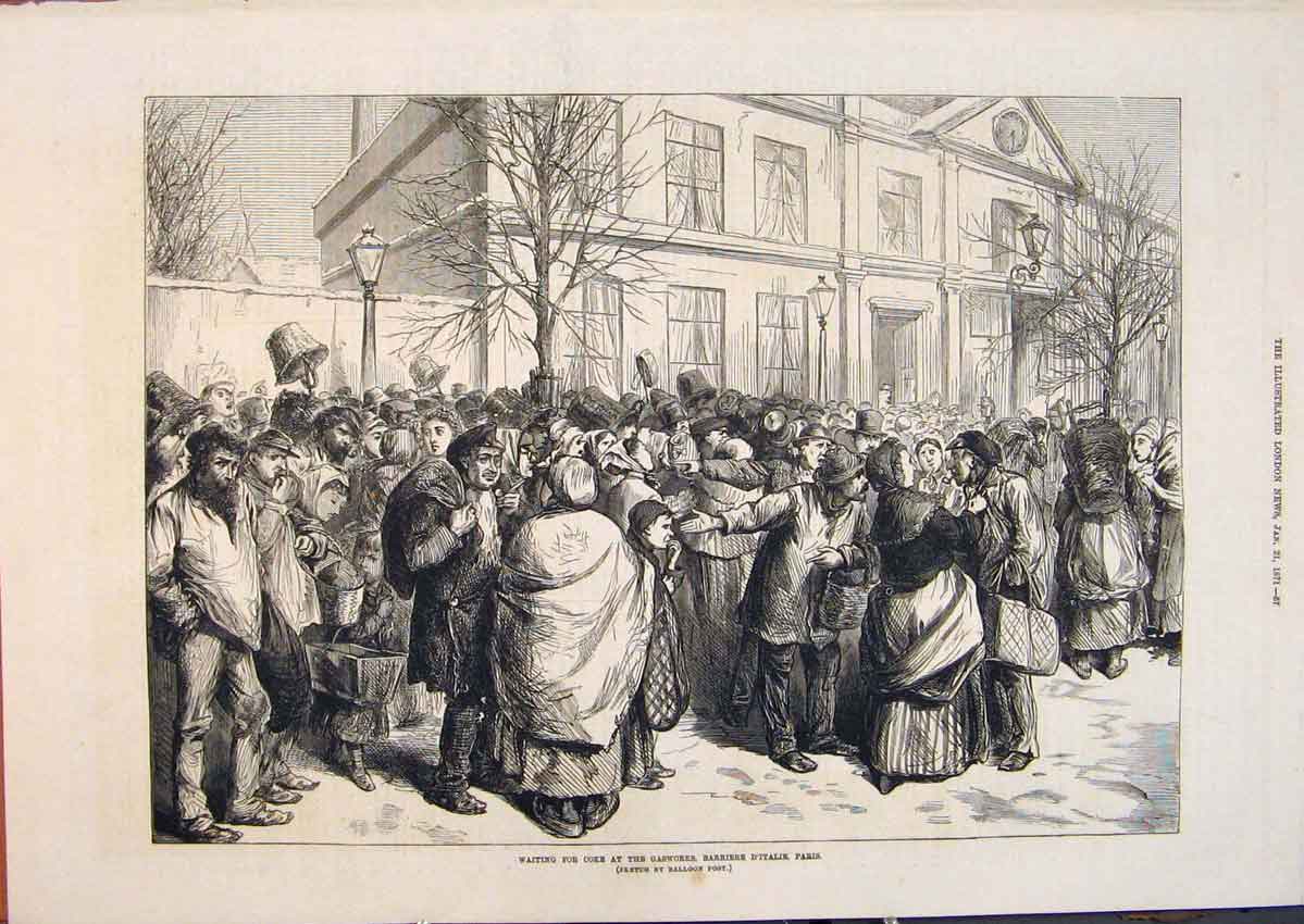 Original Old Antique Print Coke Gasworks Barriere D'Italie Paris France 1871