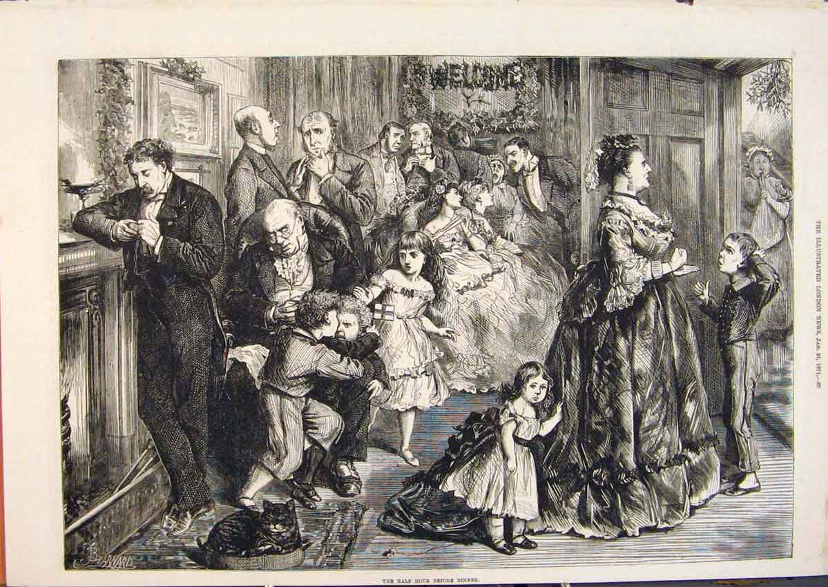 Old Antique Print Half Hour Dinner Family Children Barnard Fine Art 1871 19th