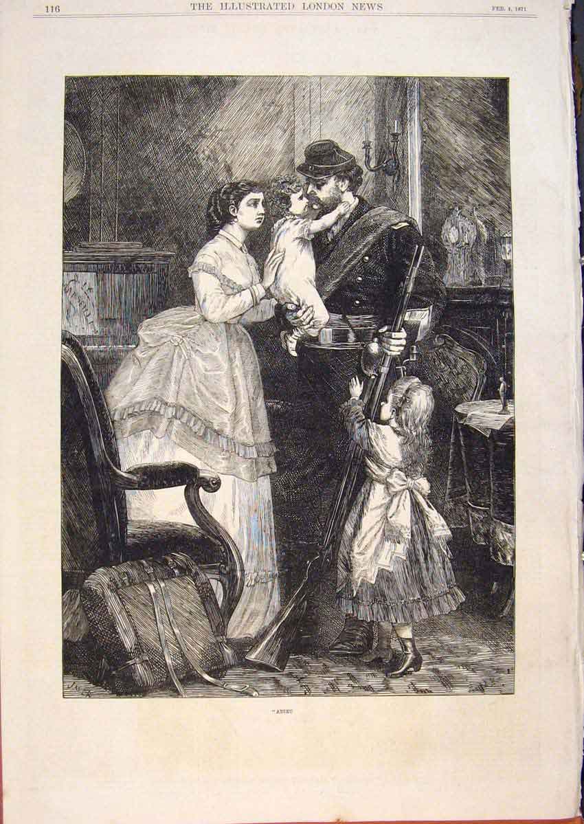 Original Old Antique Print Adieu Children Family Goodbye War Sier France 1871