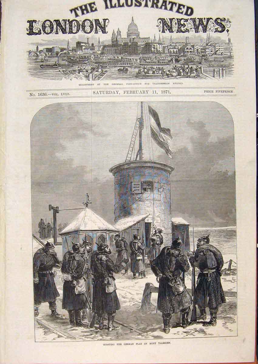 Original Old Antique Print German Flag Mont Valerien Paris France War 1871 19th