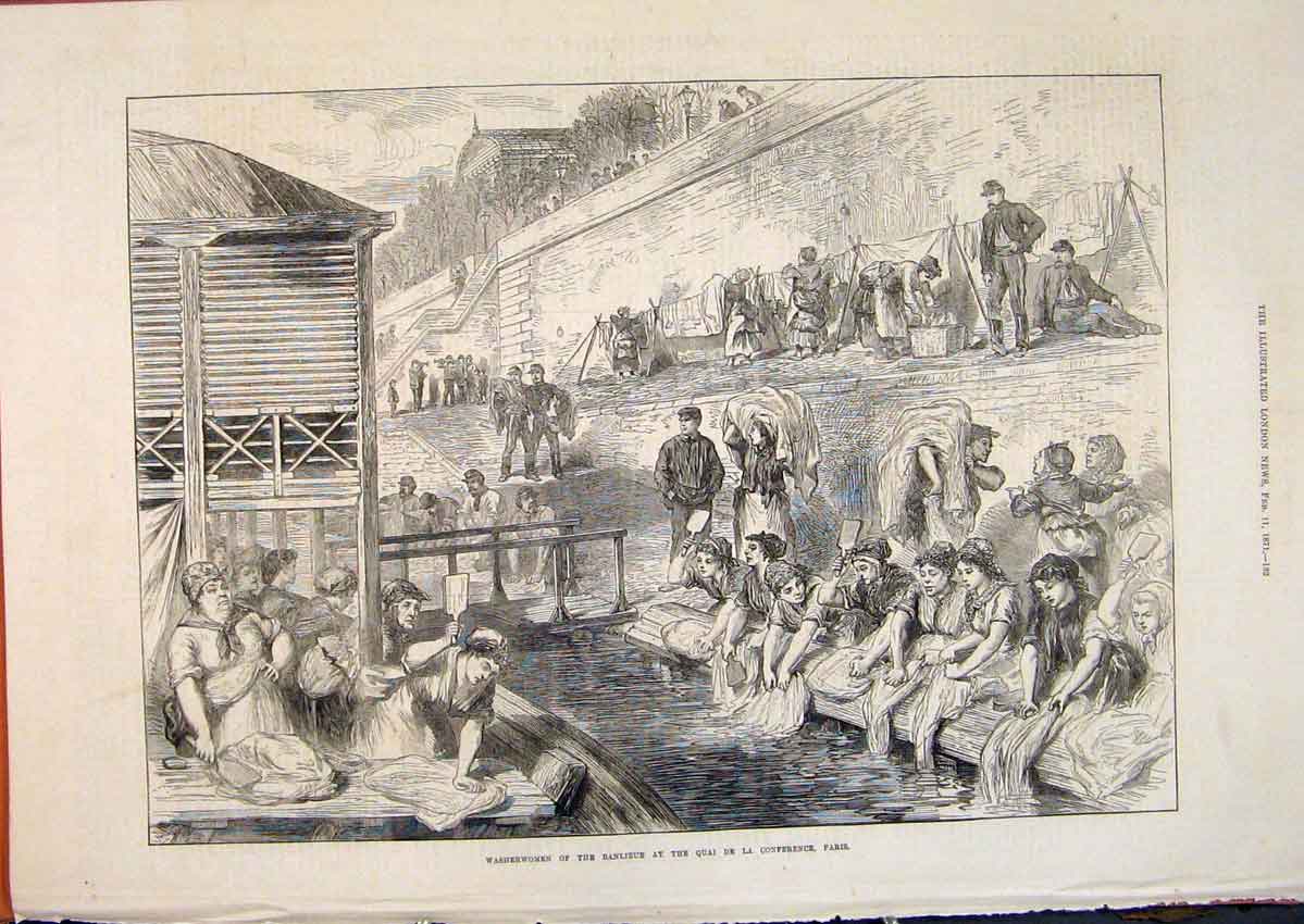 Original Old Antique Print Washerm#Woman Banlieue Conference Paris France 1871