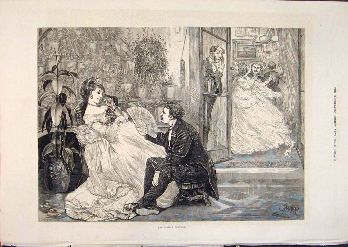 Original Old Antique Print Missing Partner Ball Dance Party Ladies Men 1871 19th