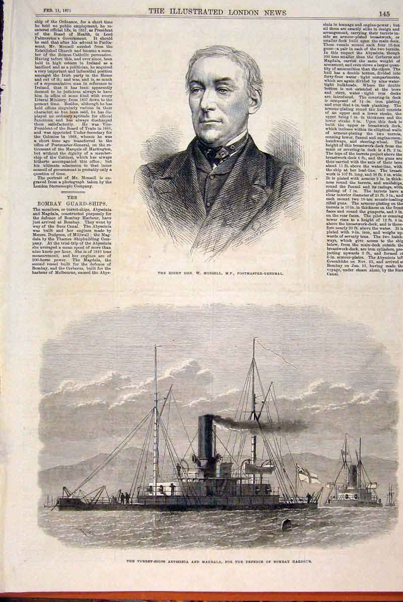 Original Old Antique Print Portrait Monsell Postmaster Bombay Harbour India 1871