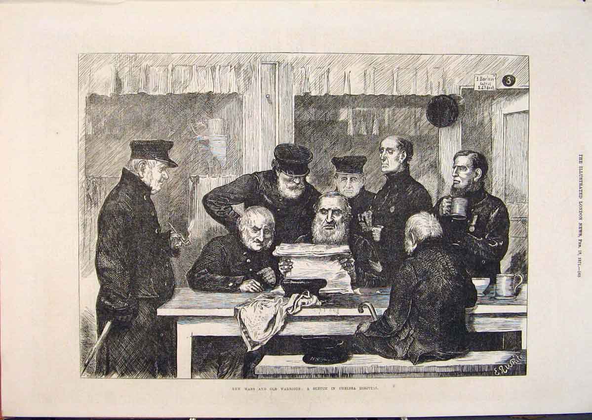 Original Old Antique Print Wars Warriors Sketch Chelsea Hospital 1871 Victorian