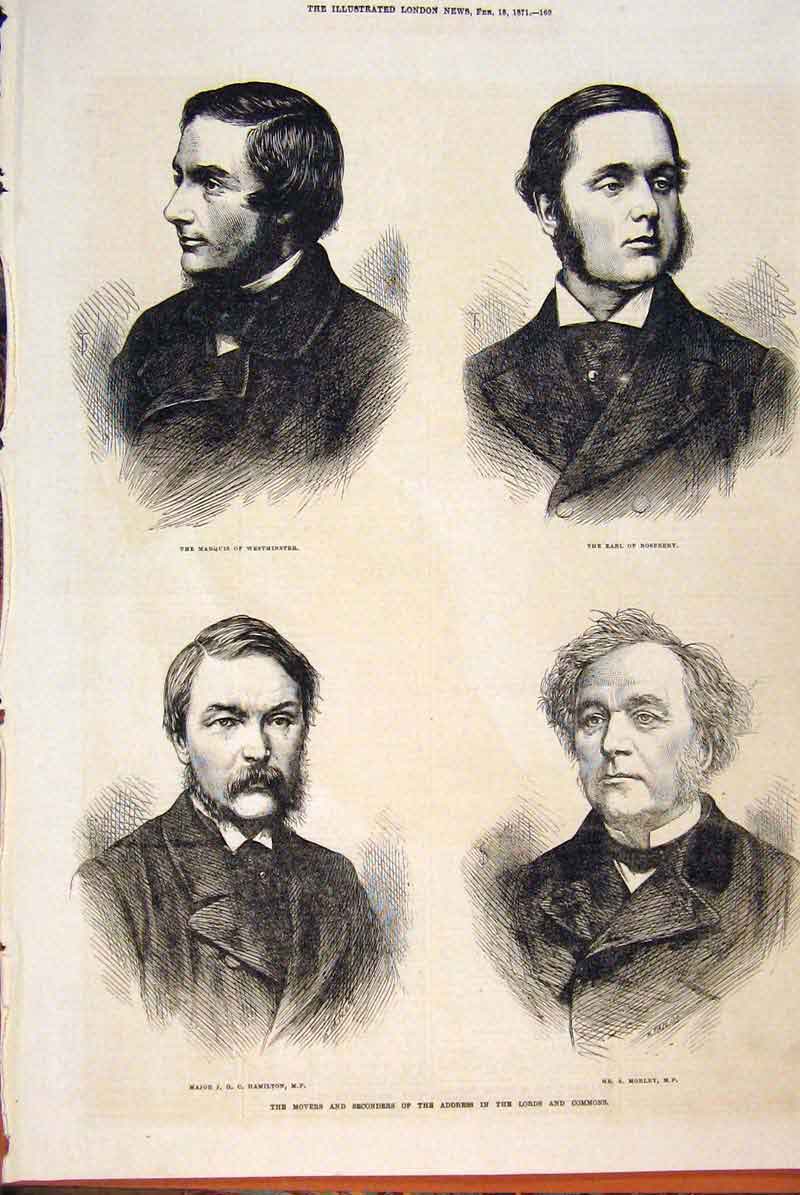 Original Old Antique Print Portrait Westminster Roseberry Morley Hamilton 1871