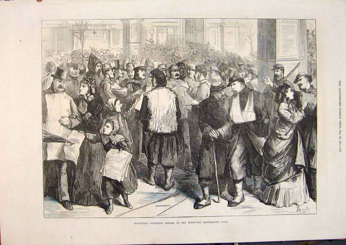 Original Old Antique Print Polititians Boulevard Montmartre Paris France 1871