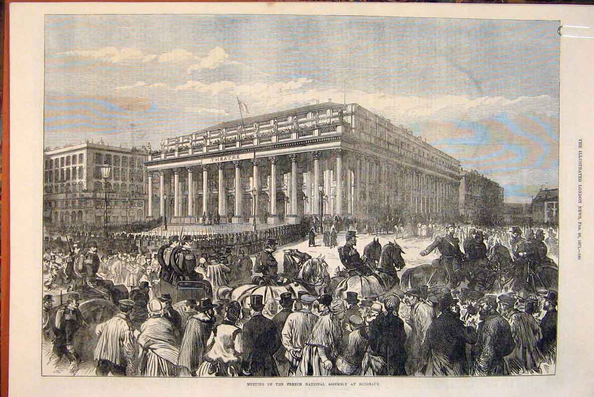 Original Old Antique Print French National Assembly Bordeaux France Peace 1871