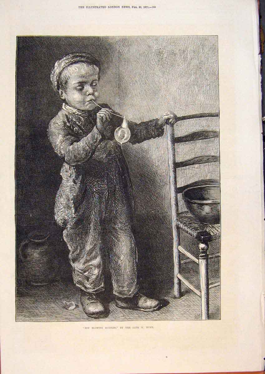 Original Old Antique Print Boy Blowing Bubbles Hunt Child Portrait Fine Art 1871