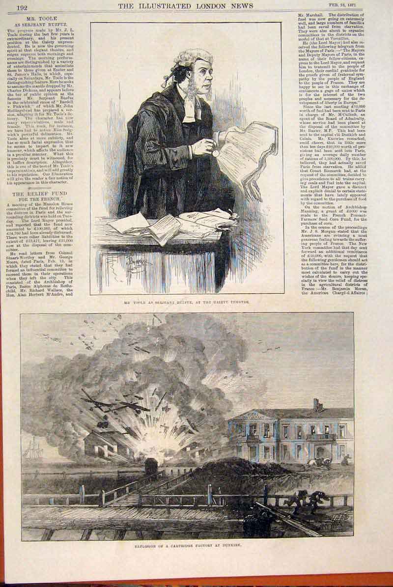 Old Antique Print Toole Theatre Explosion Dunkirk Factory Cartridge 1871 19th