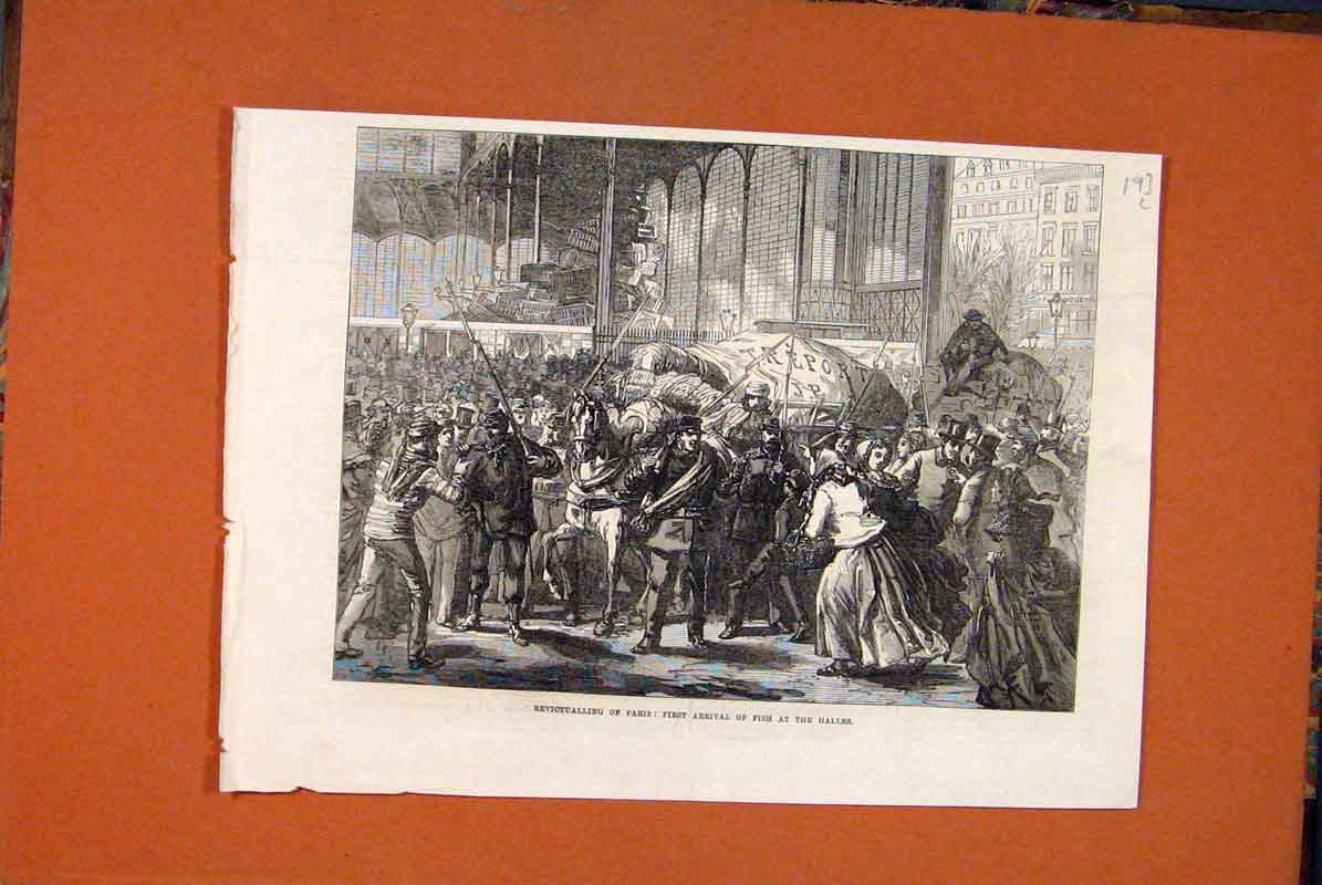 Original Old Antique Print Paris France Halles Fish 1871 19th Century