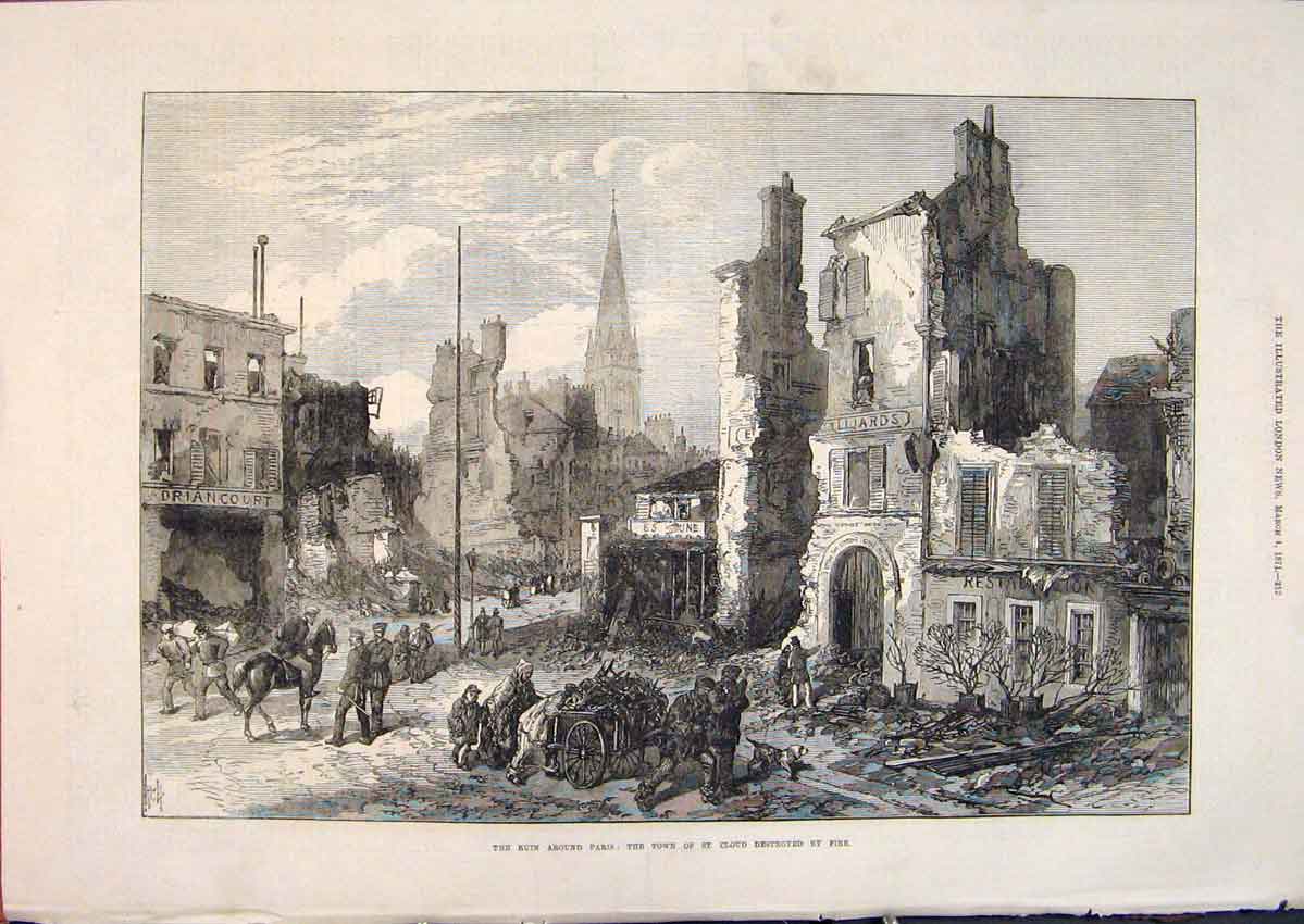 Original Old Antique Print Ruins France Paris St Cloud Fire War 1871 Victorian