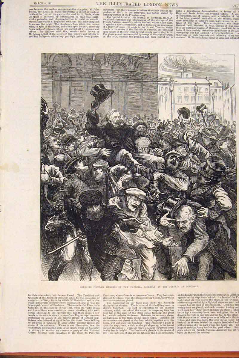 Original Old Antique Print Bordeaux France National Assembly 1871 19th