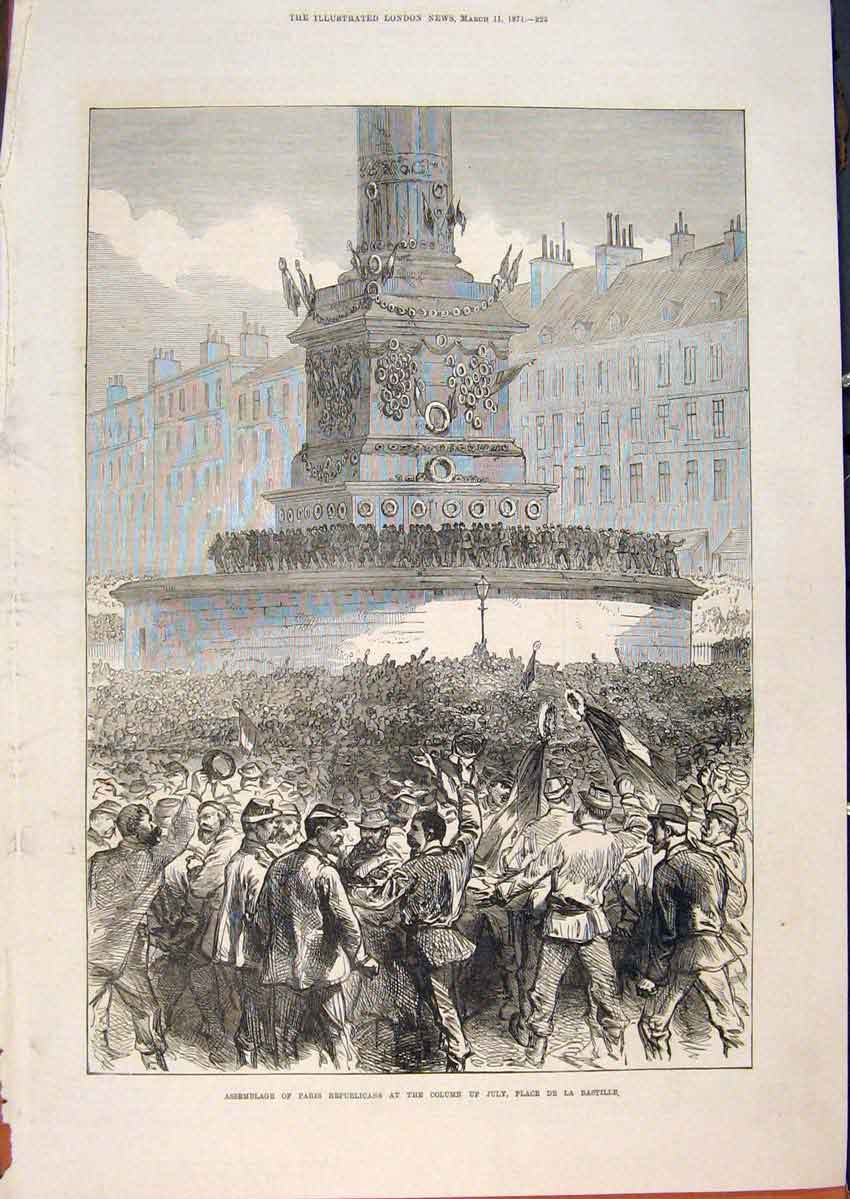 Old Antique Print Paris Republican Column July Place Bastille France 1871 19th