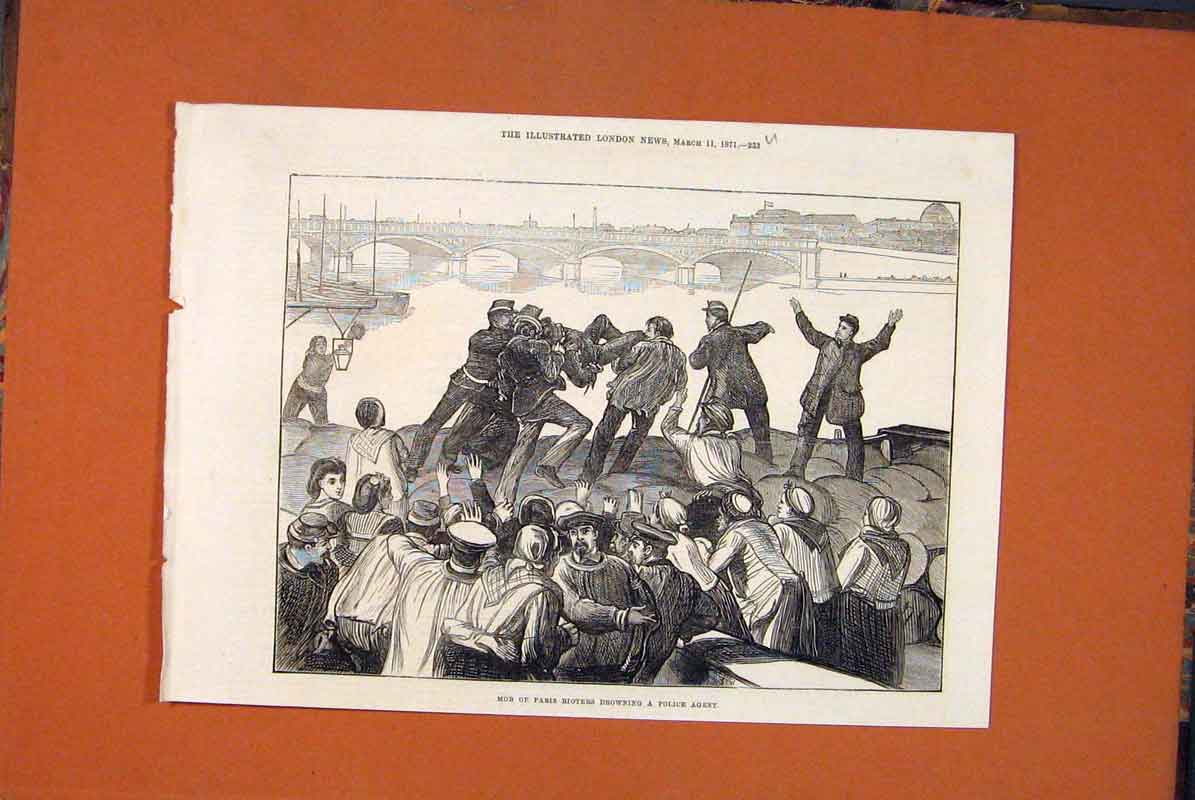 Original Old Antique Print Paris France Police Mob Drowing 1871 19th
