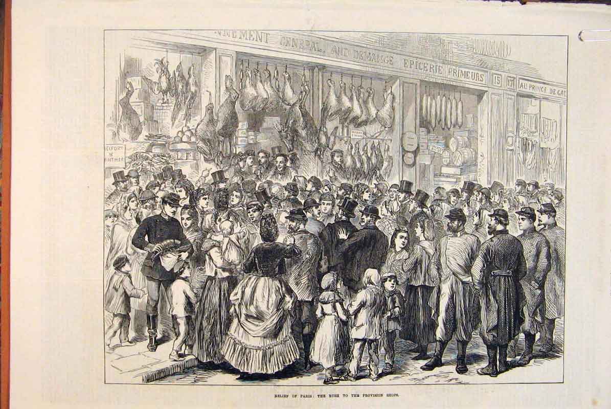 Original Old Antique Print Relief Paris France Provision Shops Street 1871 19th