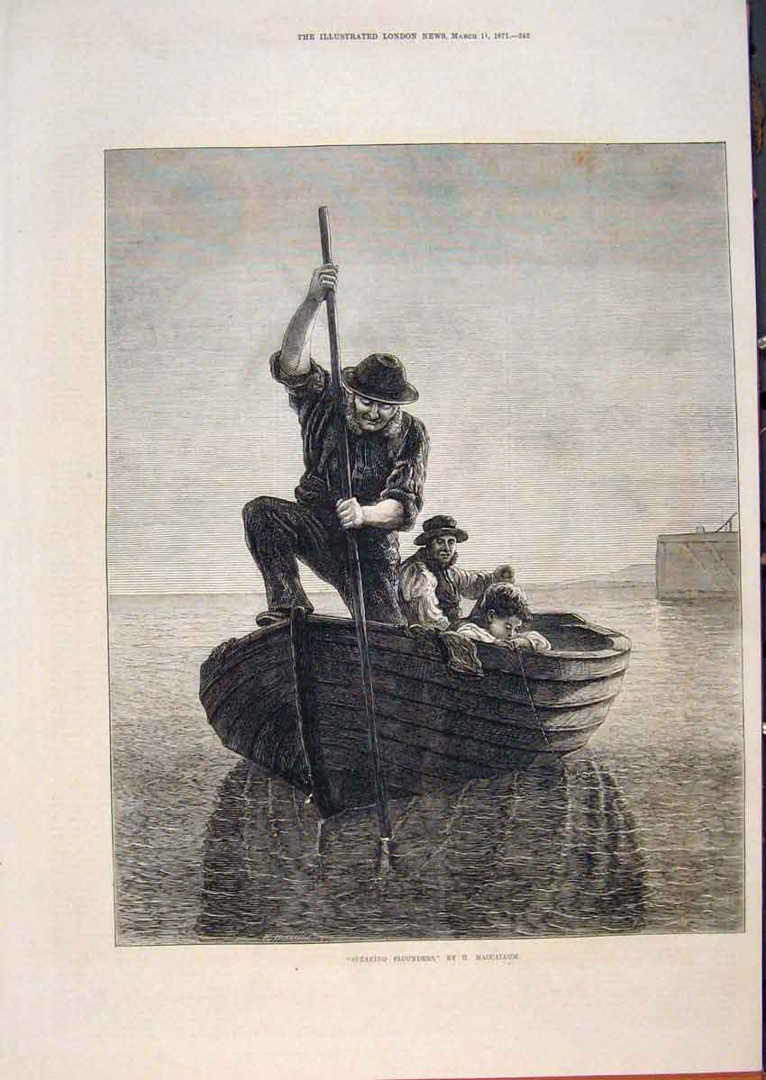 Original Old Antique Print Spearing Flounders Maccallum Fishing Boat 1871 19th