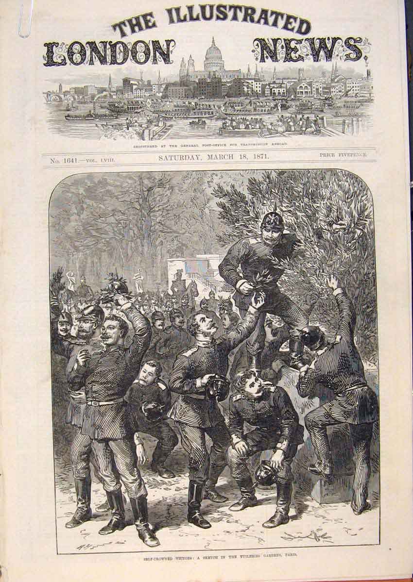 Old Antique Print Tuileries Gardens Paris France Germans French Prussian