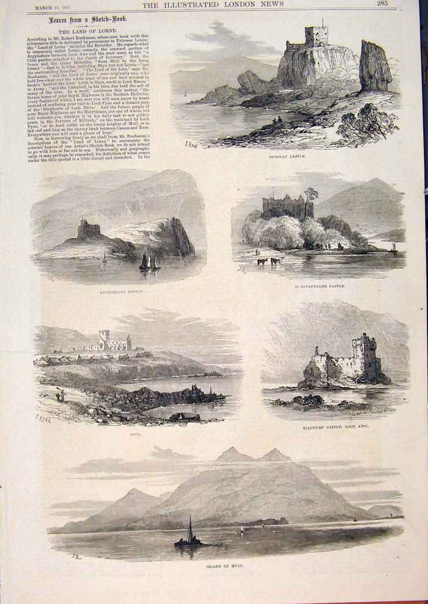 Original Old Antique Print Sketches Lorne Dunolly Castle Iona Mull Loch Awe 1871