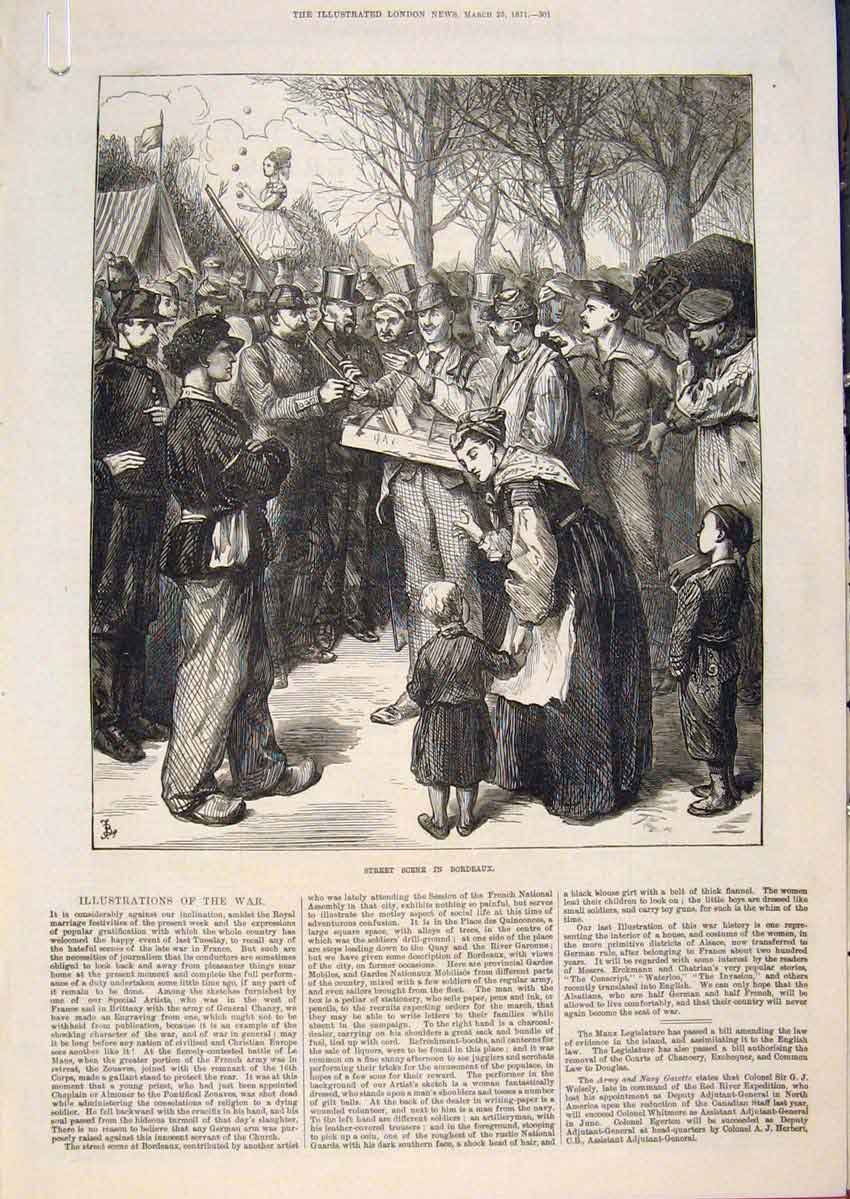 Original Old Antique Print Street Bordeaux France War Theatre Troops 1871 19th