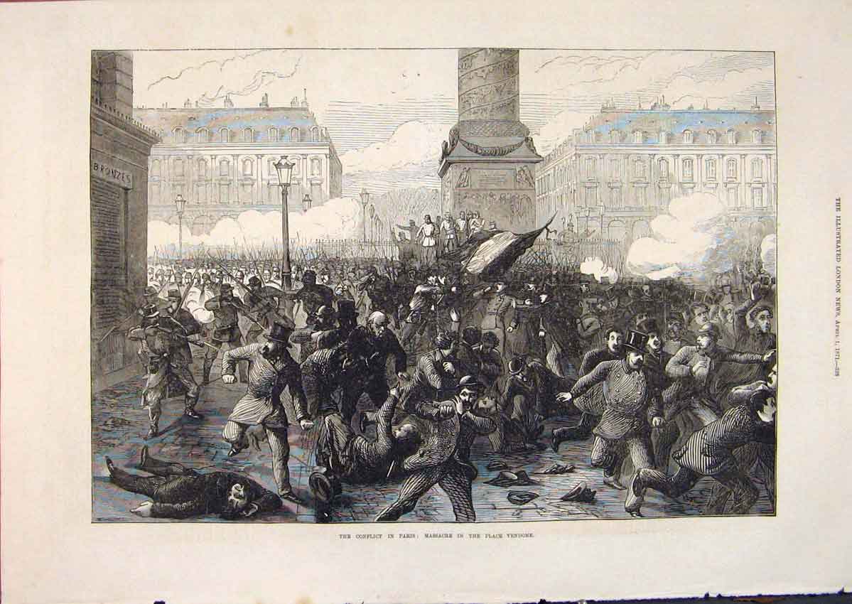 Original Old Antique Print Conflict Paris France Civil War Place Vendome 1871
