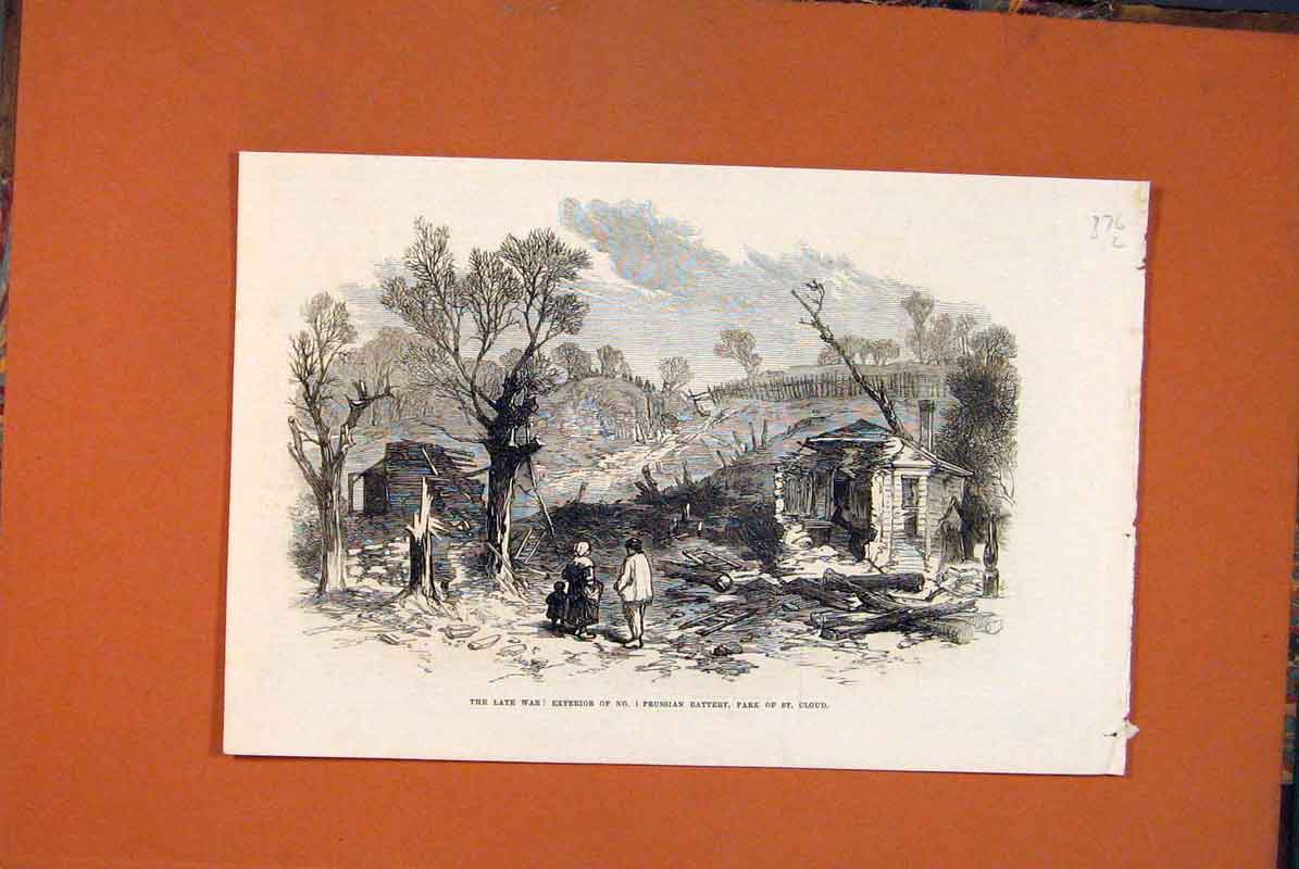 Original Old Antique Print St Cloud Prussian Battery War Prussia 1871 Victorian