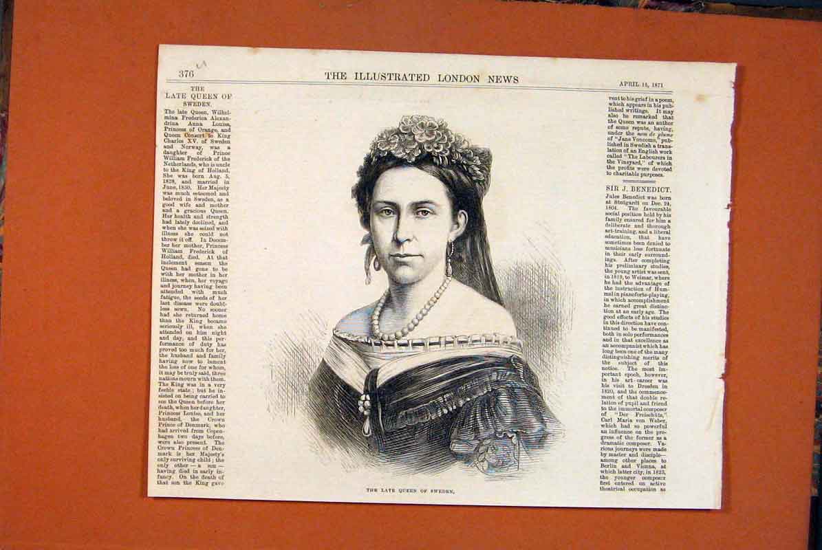 Original Old Antique Print Portrait Queen Sweden Fine Art 1871 19th