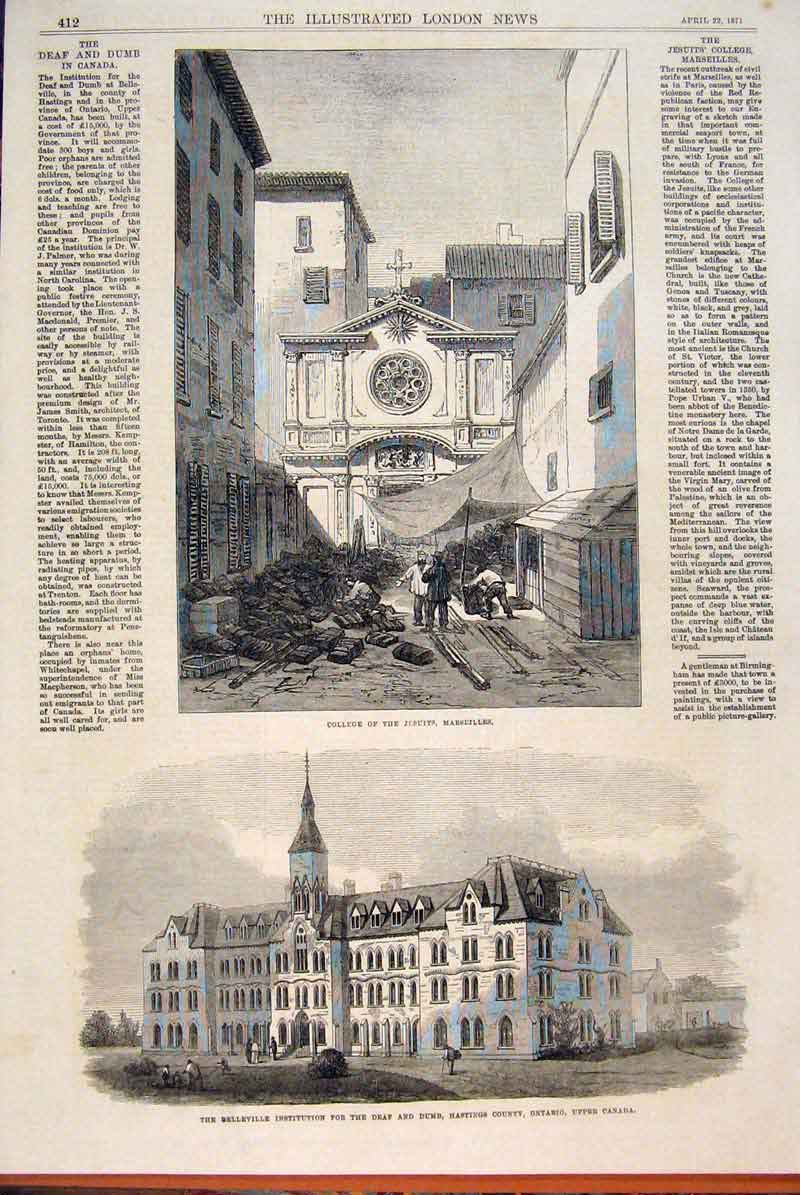 Original Old Antique Print College Marseilles Jesuits Belleville Ontario Canada