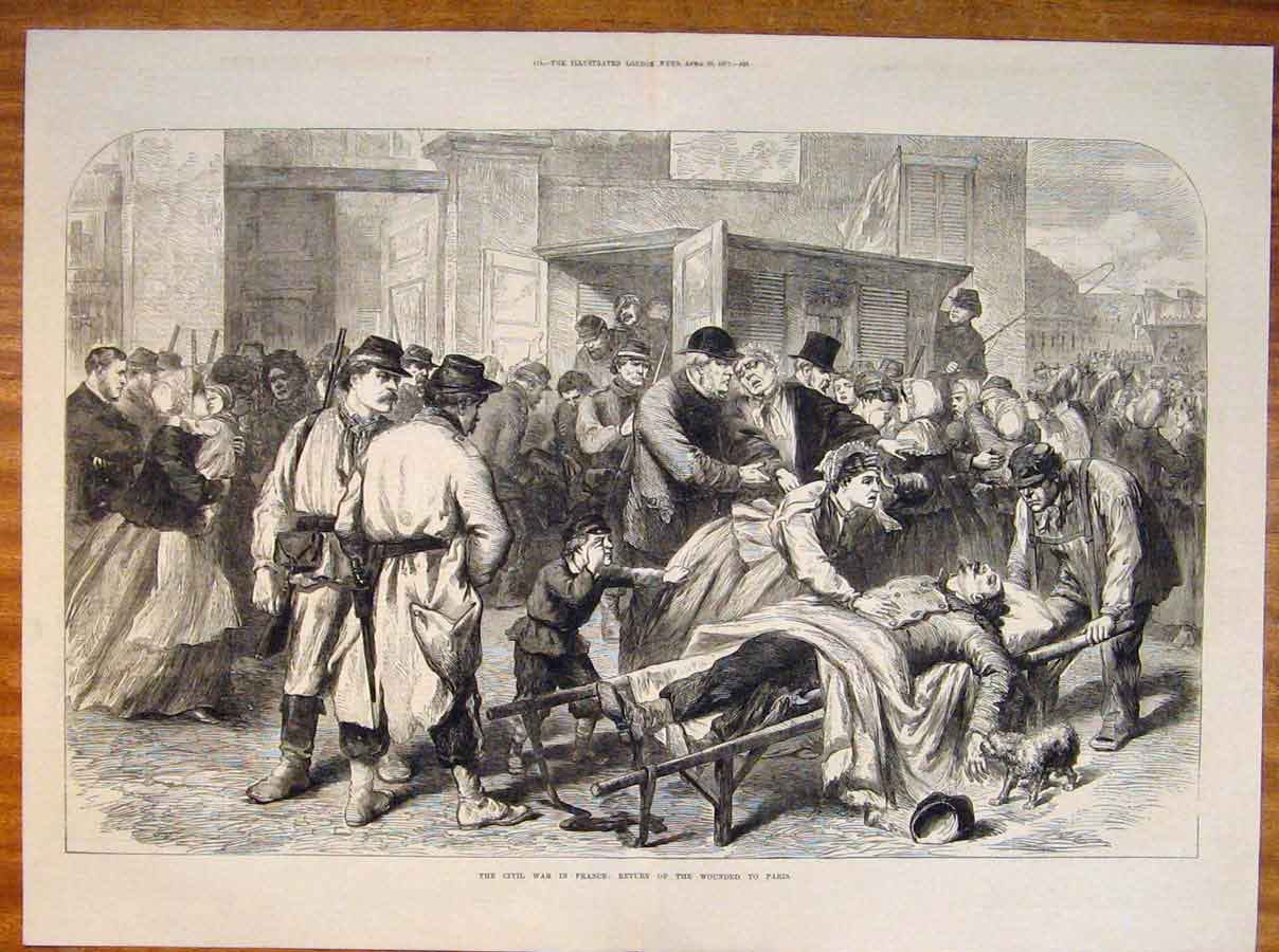 Original Old Antique Print Civil War France Paris Wounded Troops 1871 Victorian