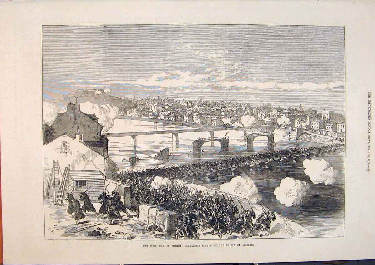 Original Old Antique Print Civil War France Communists Bridge Ansieres 1871 19th
