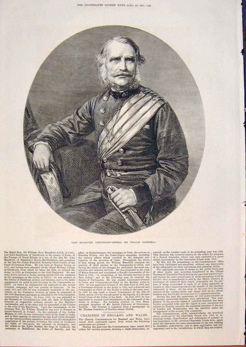 Original Old Antique Print Portrait Sandhurst Lieutenant General Mansfield 1871
