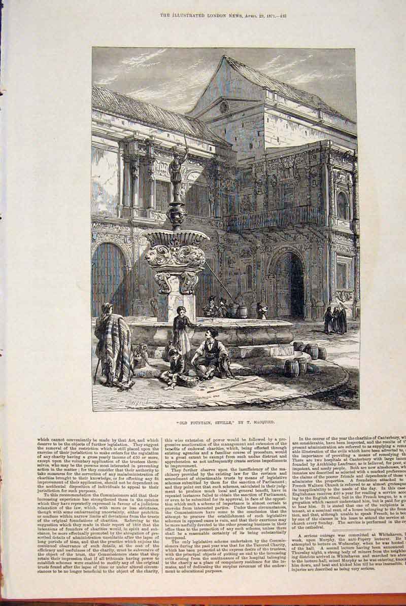 Original Old Antique Print Fountain Seville Macquoid Painting Fine Art 1871 19th